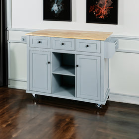 Kitchen handcart with rubber wood leaf countertop, storage cabinet, shelf